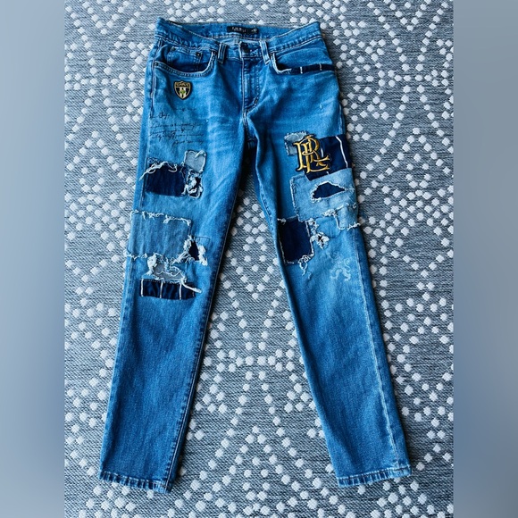 Lauren Ralph Lauren Women’s Sz 2 Patchwork Denim Distressed Jeans Patch skinny - Picture 2 of 14